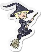 retro distressed sticker of a cartoon witch riding broomstick vector