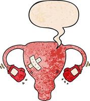 cartoon beat up uterus and boxing gloves and speech bubble in retro texture style vector