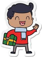 sticker of a cartoon laughing man holding gift vector