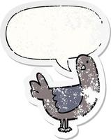 cartoon pigeon and speech bubble distressed sticker vector