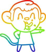 rainbow gradient line drawing crazy cartoon monkey in dress pointing vector