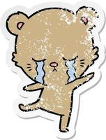 distressed sticker of a crying cartoon bear balancing vector