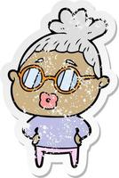 distressed sticker of a cartoon librarian woman wearing spectacles vector