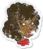 retro distressed sticker of a cartoon suspicious woman vector