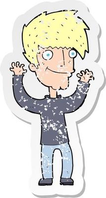 retro distressed sticker of a cartoon man waving arms