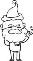 line drawing of a dismissive man with beard frowning wearing santa hat vector