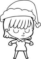 line drawing of a woman wearing santa hat vector