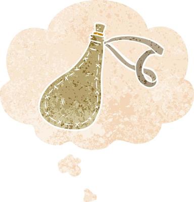 cartoon water sack and thought bubble in retro textured style