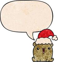 cute cartoon bear and christmas hat and speech bubble in retro texture style vector