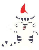 flat color illustration of a white tiger wearing santa hat vector