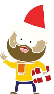 flat color illustration of a bearded man with present wearing santa hat