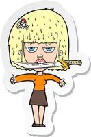 sticker of a cartoon woman with knife between teeth vector