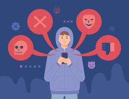 A boy in a hoodie is sending a bad message on his cellphone. vector
