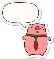 cartoon pig wearing office tie and speech bubble sticker vector