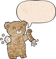 cartoon teddy bear and torn arm and speech bubble in retro texture style vector