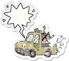 cartoon old truck full of junk and speech bubble distressed sticker vector