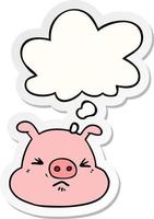 cartoon angry pig face and thought bubble as a printed sticker vector