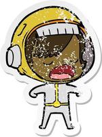 distressed sticker of a cartoon astronaut woman explaining vector