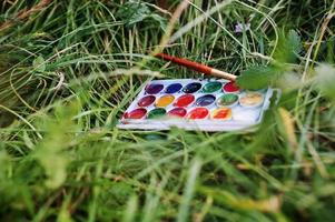 Close-up photo of watercolor palette with brush laying on the grass.