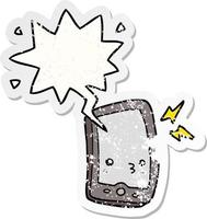 cartoon mobile phone and speech bubble distressed sticker vector