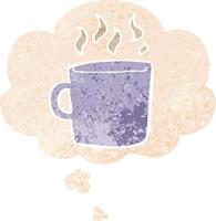 cartoon hot cup of coffee and thought bubble in retro textured style vector