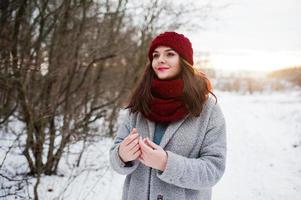 Portrait of gentle girl in gray coat , red hat and scarf near the branches of a snow-covered tree. photo