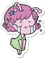 sticker of a cartoon crying alien girl vector