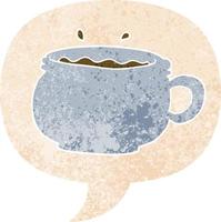 cartoon hot cup of coffee and speech bubble in retro textured style vector