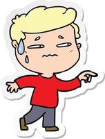 sticker of a cartoon anxious man pointing vector