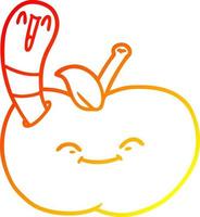 dibujo de línea de gradiente cálido gusano feliz de dibujos animados en una manzana vector