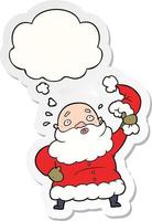 cartoon santa claus waving hat and thought bubble as a printed sticker vector