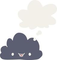 diminuta nube feliz de dibujos animados y burbuja de pensamiento en estilo retro vector