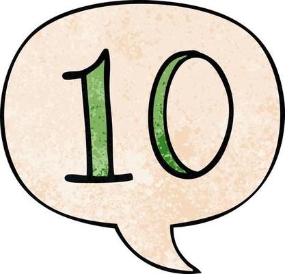 cartoon number 10 and speech bubble in retro texture style
