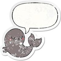 cute cartoon whale and speech bubble distressed sticker vector