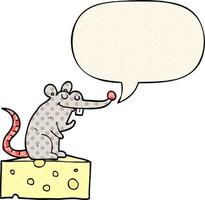 cartoon mouse sitting on cheese and speech bubble in comic book style vector