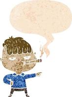 cartoon man smoking and speech bubble in retro textured style vector