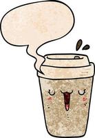 cartoon coffee cup and speech bubble in retro texture style vector