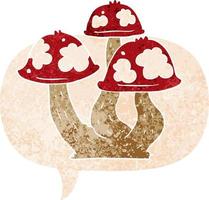 cartoon mushrooms and speech bubble in retro textured style vector