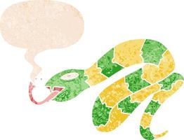 cartoon hissing snake and speech bubble in retro textured style vector