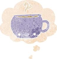 cartoon hot cup of coffee and thought bubble in retro textured style vector