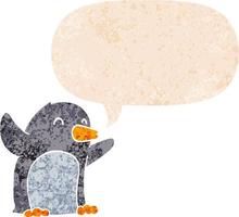 dibujos animados de pingüinos emocionados y burbujas de habla en estilo retro texturizado vector