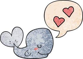 cartoon whale in love and speech bubble in retro texture style vector