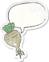 cartoon root vegetable and speech bubble distressed sticker vector
