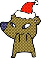 cute comic book style illustration of a bear wearing santa hat vector