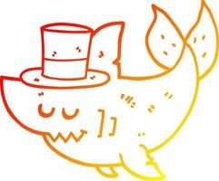 dibujo de línea de gradiente cálido tiburón de dibujos animados con sombrero de copa vector