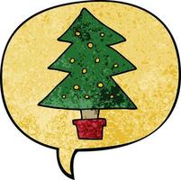 árbol de navidad de dibujos animados y burbuja del habla en estilo de textura retro vector