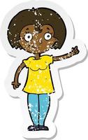 retro distressed sticker of a cartoon happy woman pointing vector