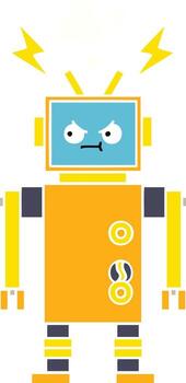 flat color retro cartoon malfunctioning robot vector