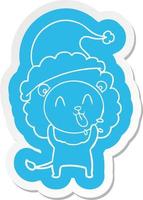 happy cartoon  sticker of a lion wearing santa hat vector