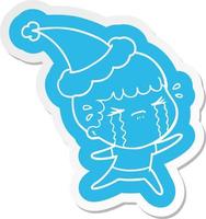 cartoon  sticker of a man crying wearing santa hat vector